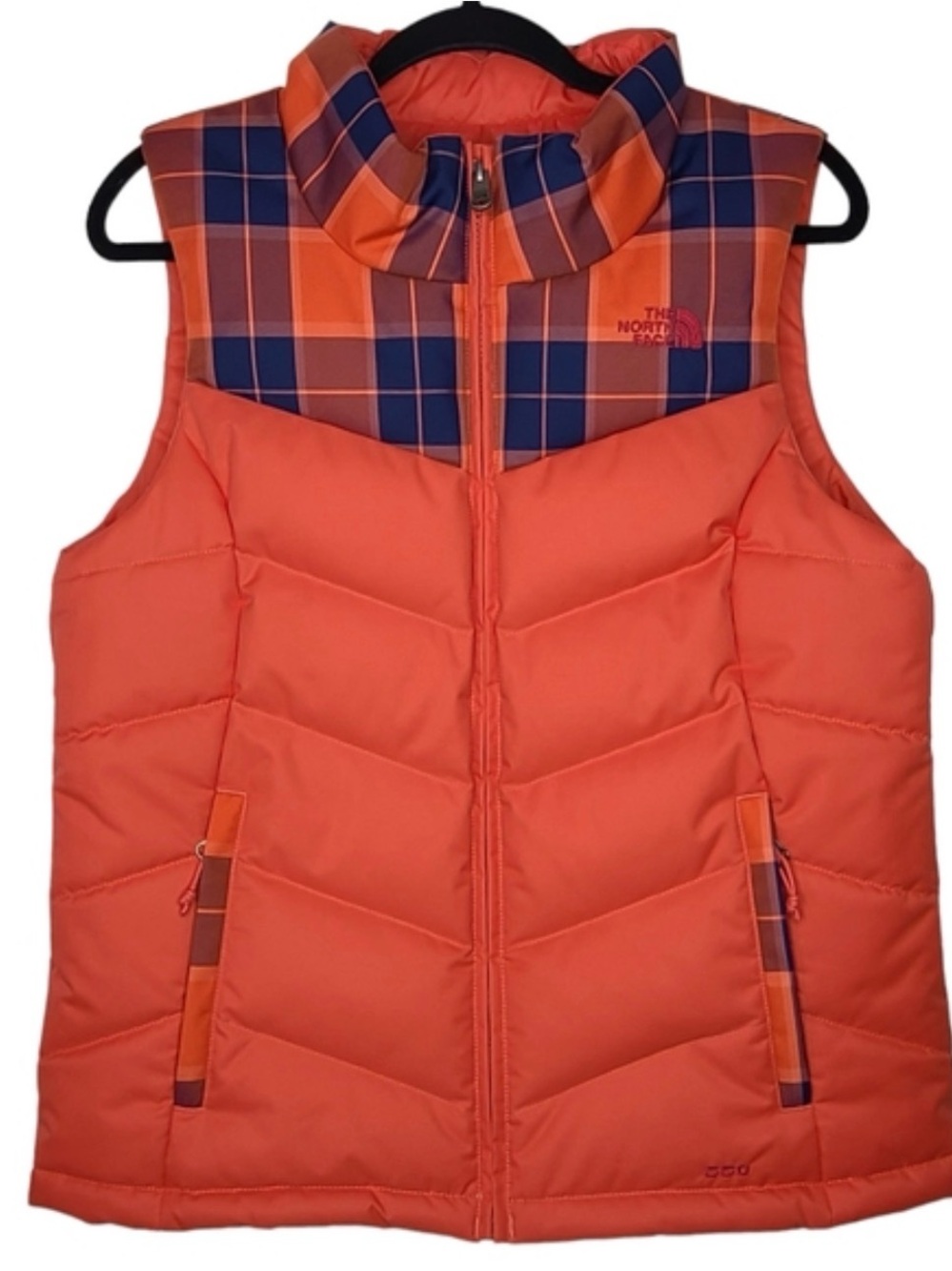0262 The North Face womens Orange Plaid Puffer Vest